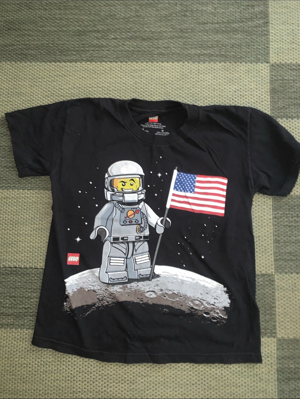 Lego Black Tee with Silver Astronaut and American Flag Graphic